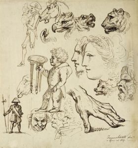 Sketch Sheet With Animal Heads, Figures In Profile And Further Studies