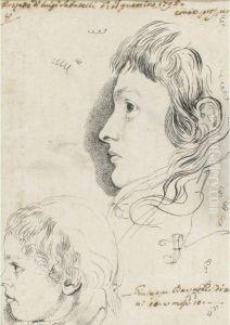 Heads Of Two Young Men In Profile; Lower Left Head Possiblygiuseppe Bezzuoli by Luigi Sabatelli