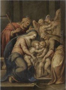 The Holy Family With Saints Elizabeth And The Infant Saint John The Baptist, Two Angels Behind by Lorenzo Sabatini