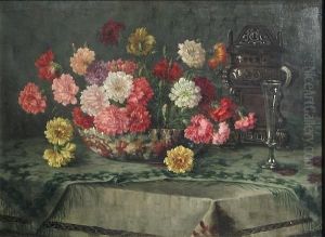 A Still Life With Carnations In A Bowl, An Asian Censer And A Glass