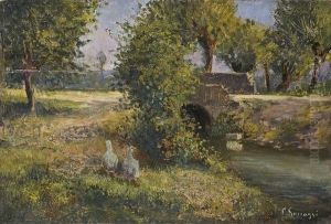 Paesaggio Di Campagna Con Ponte, Ruscello E Oche by Cesare Saccaggi