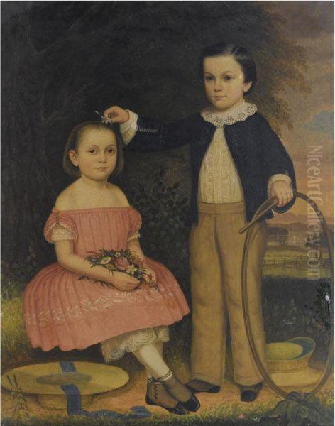 Girl In Pink With Flowers, Boy With Hoop And Stick - view 1
