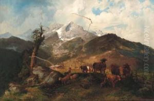 A Herder With Sheep And Cattle In An Alpine Landscape - view 1