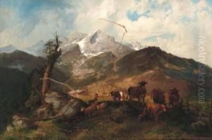 A Herder With Sheep And Cattle In An Alpine Landscape