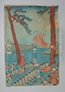 Procession Devant Un Lac Au Pied Du Fuji