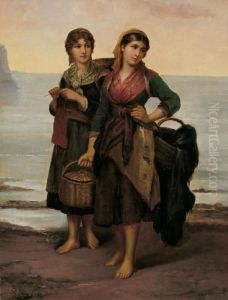 Zwei Junge Fischerinnen Am Strand by Philippe Lodowyck Jacob Sadee