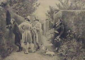 Group Of Gents In Top Hats With Two Dogs In A Garden by Walter-Dendy Sadler