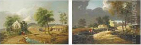 An Extensive Landscape With Figures Conversing On A Track Beside A Ruined Church - view 1