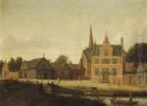 A Canal-side Town With Figures In A Boat