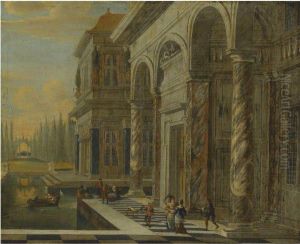 An Architectural View With Elegant Figures Conversing by Jacobus Saeys