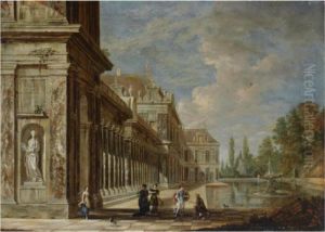 A Palace Capriccio Beside A Fountain With A Soldier And Elegantfigures In The Foreground A Palace Capriccio Beside A Fountain With A Soldier And Elegantfigures In The Foreground