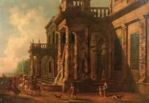 A Classical Villa With Elegant Figures On A Falconry Hunt by Jacobus Saeys