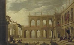 A Classical Palace With Elegant Figures In A Piazza