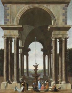 A Classical Portico With An Elegant Company Gathered By Afountain