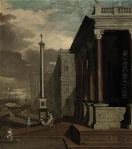 A Port Scene With Elegant Company Approaching A Classical Portico,an Italianate Palace Beyond by Jacobus Saeys
