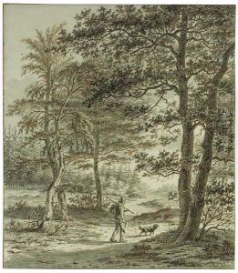 A Wood Cutter With His Dog On A Path In A Wood A Wood Cutter With His Dog On A Path In A Wood