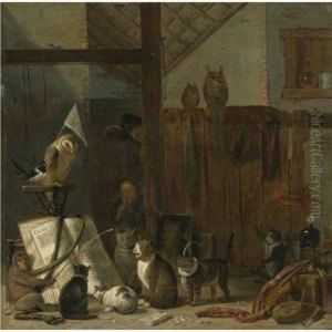 A Concert Of Cats, Owls, A Magpie, And A Monkey In A Barn by Cornelis Saftleven