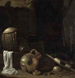 A Copper Jug, A Bucket Yoke, Mice And Other Vessels In A Barn by Cornelis Saftleven