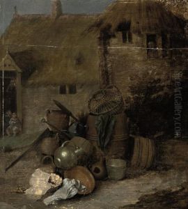 A Barrel, Pots And Pans In A Courtyard