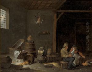 A Barn Interior With Two Peasants Feeding Hens by Cornelis Saftleven