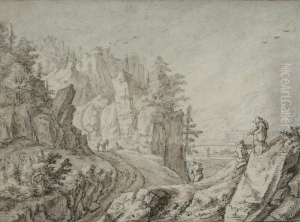 Voyageurs Sur Une Route Dans Paysage Escarpe - view 1