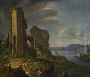 River Landscape With Ruins, Boats And Figures