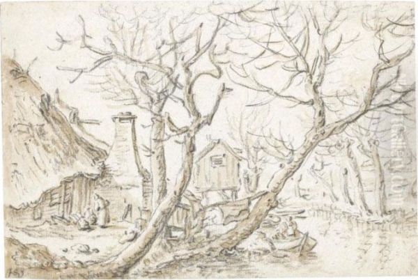 Farmhouses With Figures And Trees Along A Stream - view 1