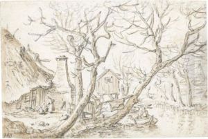 Farmhouses With Figures And Trees Along A Stream