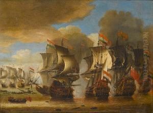 A Naval Battle Between Dutch And English Ships, Possibly The Battle Of Solebay by Isaac Sailmaker