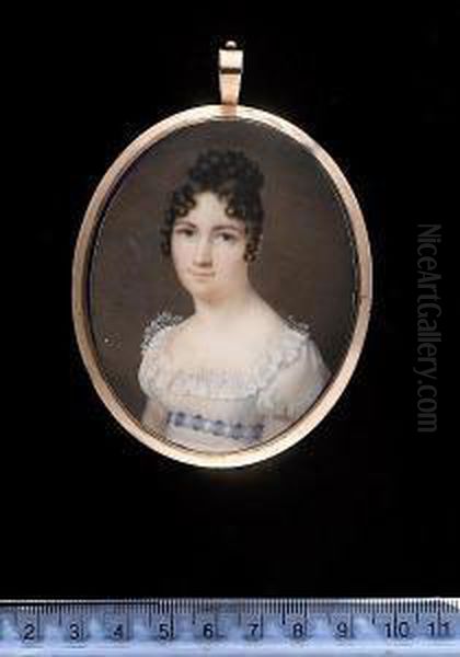 A Lady, Wearing White Dress With Lace Trim, Blue And White Checked Ribbon Waistband Beneath Bust, Her Dark Hair Piled High And Worn In Ringlets. - view 1
