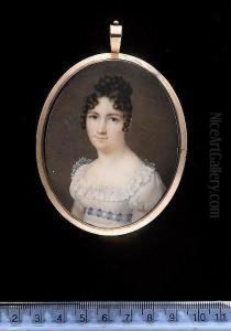 A Lady, Wearing White Dress With Lace Trim, Blue And White Checked Ribbon Waistband Beneath Bust, Her Dark Hair Piled High And Worn In Ringlets. A Lady, Wearing White Dress With Lace Trim, Blue And White Checked Ribbon Waistband Beneath Bust, Her Dark Hair Piled High And Worn In Ringlets.