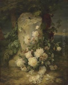 Yellow Roses By A Stone Plinth In A Landscape
