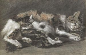 Chatte Et Ses Petits Endormis by Charles Edme Saint-Marcel-Cabin