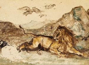 Charles Edme Saint-marcel-cabin: A Lion Laying In The Mountains