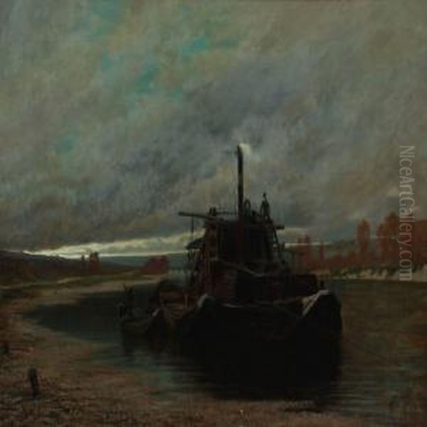 River Landscape In Evening Light by Henri Saintin