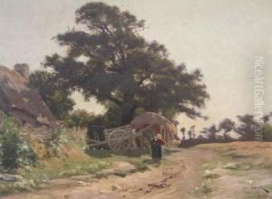 Ferme Avec Charrette Et Deux Personnages. by Henri Saintin