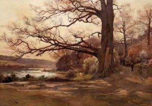 Chasseurs Dans Un Sous-bois Pres D'un Etang by Henri Saintin
