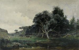 Landscape With A Peasant Woman And Cattle At Ariverbank by Henri Saintin