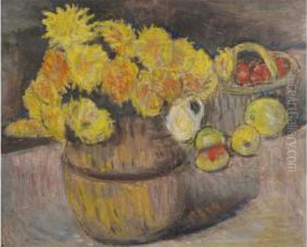 "nature Morte Au Bouquet De Fleurs Jaunes Et Au Panier De Fruits" - view 1