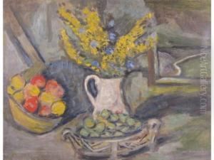 "nature Morte Au Bouquet De Mimosa Et Aux Coupes De Fruits" by Jeanne Saliceti