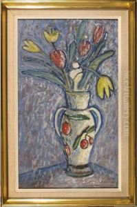 Bouquet De Tulipes Dans Un Vase A Decor De Cerises by Jeanne Saliceti