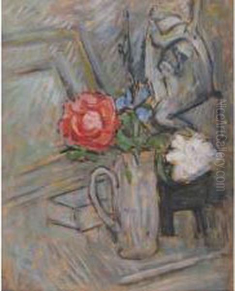 "bouquet De Roses Et Iris Et Statuette" - view 1