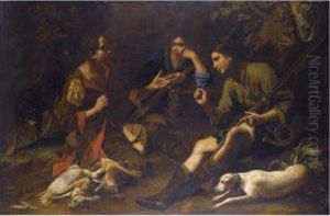Boys Pausing From A Hunt And Playing At Odds In A Forest Clearing by Tommaso Salini (Mao)