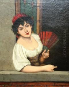 Portrait Of A Spanish Lady Half-length Leaning Out Of A Window Holding A Fan by Jules Salles-Wagner