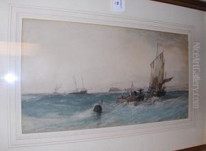 Figures On A Beach And Fishing Boats by John Francis Salmon