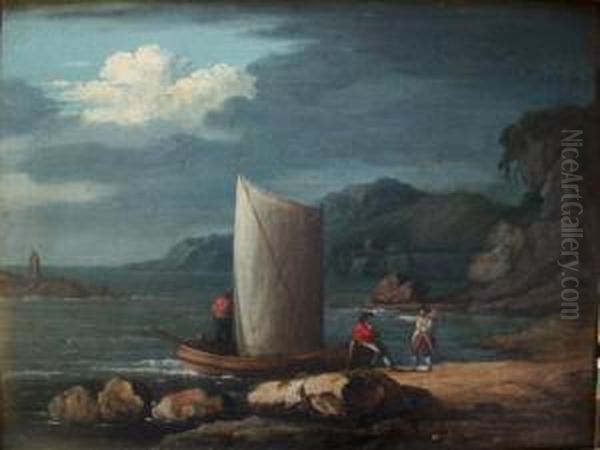 Three Men With A Sailing Boat In A Cove - view 1