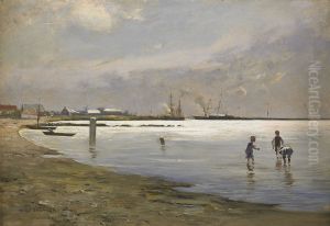 Lekande Pojkar I Vattenbrynet - Motiv Fran Trelleborgs Hamn by Hugo Salmson