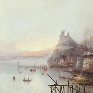 Coastal Scene With Fishermen At Sunrise by James Salt