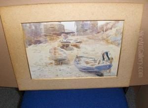 Man Tending Boats In A Rocky Cove by Frank Saltfleet