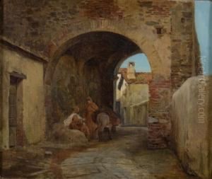 Sudlandische Dorfkulisse Mit Zwei Monchen Am Wegesrand by Pietro Saltini